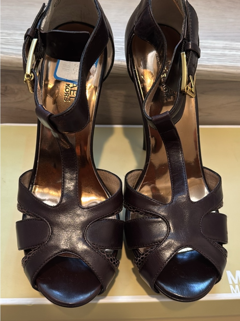 Michael Kors Dark Brown Leather T-Strap Peep-Toe Heels with Gold Buckles